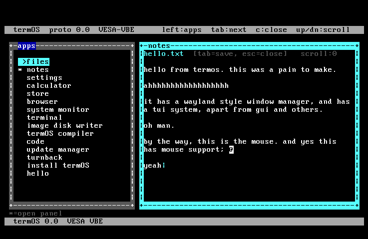 A screenshot of termOS in a virtual machine.